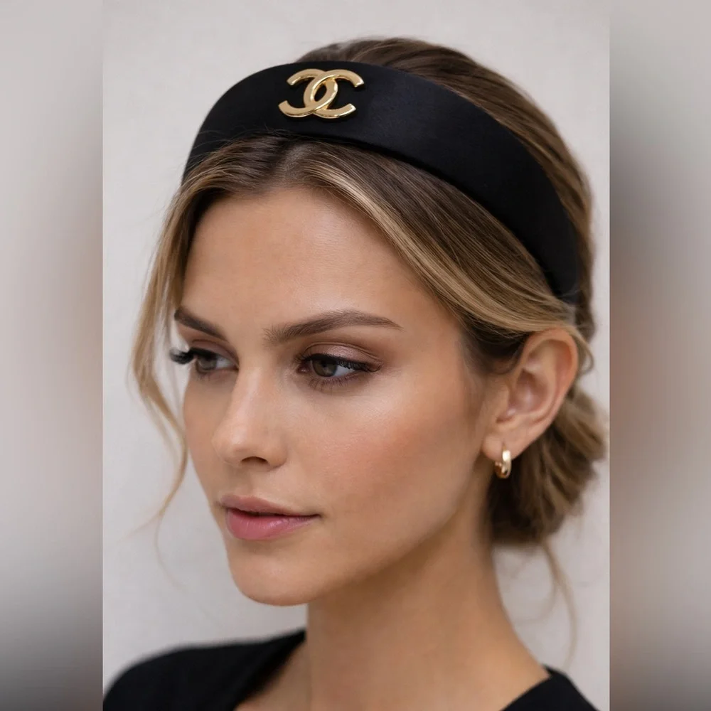 CHANEL Black Headband with Gold Logo Accent